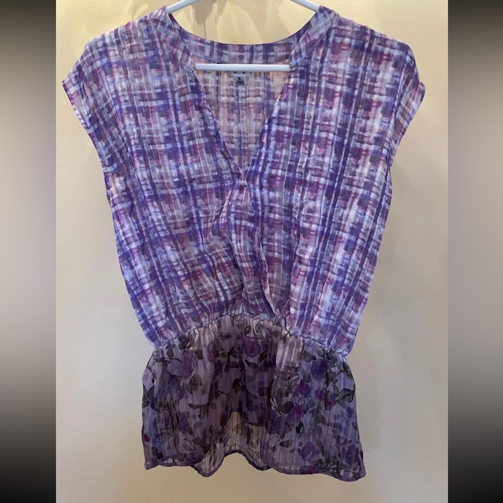 Cabi plaid and floral slight peplum top